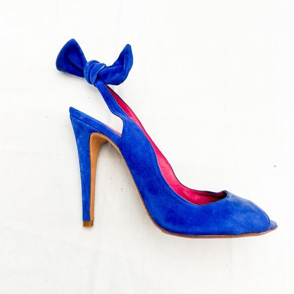 Mellow Yellow Blue Suede Peep Toe Pump Bow Accent Slingback Size 40 Mint Paris - Picture 2 of 6